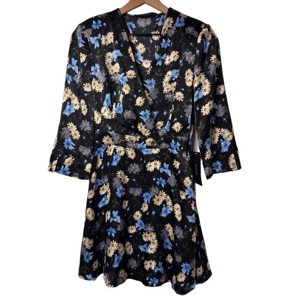 ZARA BLUE BLACK FLORAL PRINT MINI V-NECK WOMEN DRESS SIZE SMALL NEW WITH TAGS - Picture 1 of 6